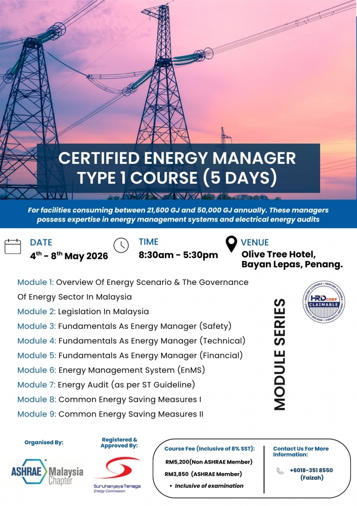 CALLING FOR PENANG PROFESSIONALS - 5-DAY CERTIFIED ENERGY MANAGER TYPE 1 TRAINING